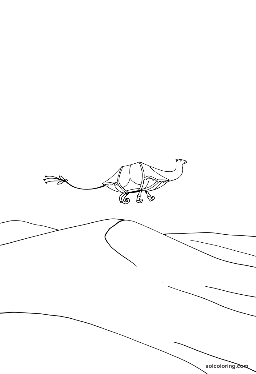 The magic carpet soaring over desert dunes coloring page, free printable detailed style