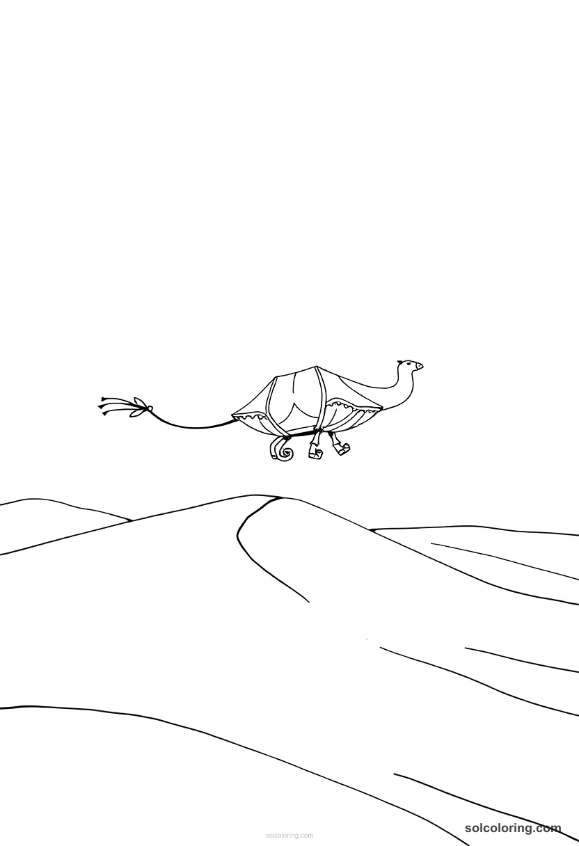 The magic carpet soaring over desert dunes detailed coloring page for kids