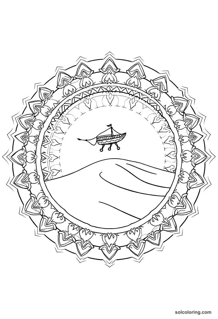 Mandala The magic carpet soaring over desert dunes coloring page, free printable mandala style