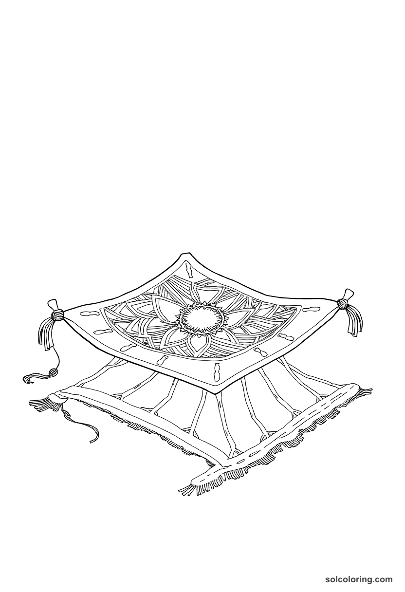 The magic carpet woven with golden thread coloring page, free printable detailed style
