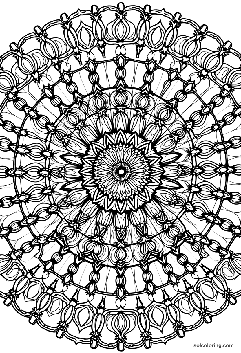 Mandala The magic carpet woven with golden thread coloring page, free printable mandala style