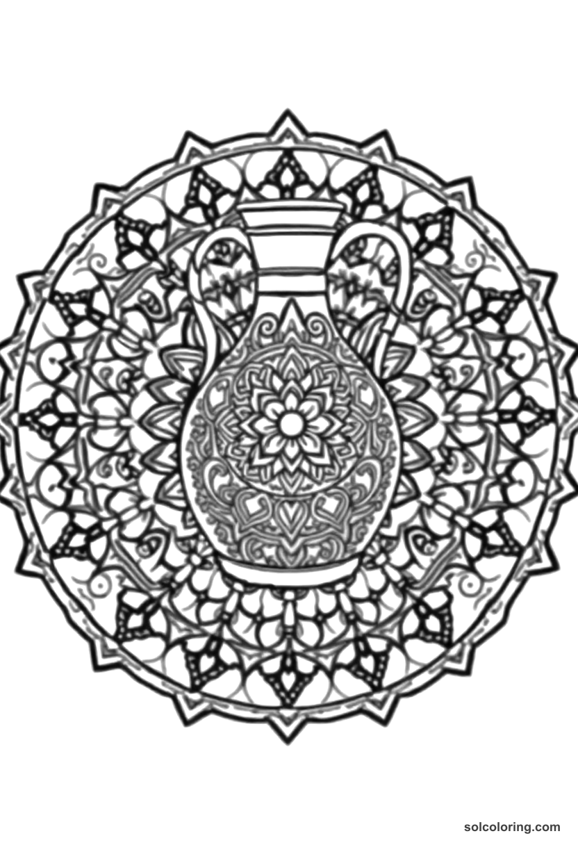 Mandala The magic jug that never empties of wine coloring page, free printable mandala style