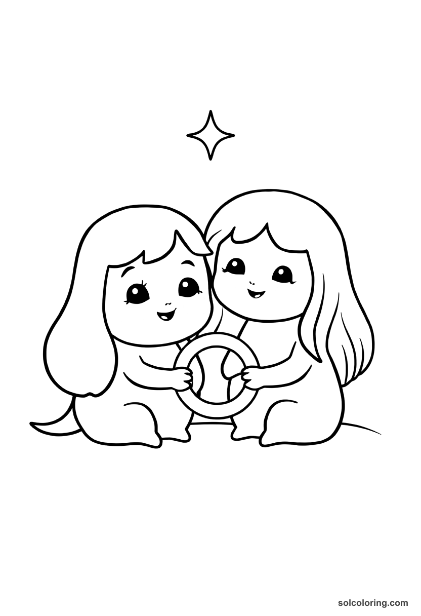 Cute Cartoon The magic ring being passed between the sleeping pair coloring page, free printable cute cartoon style