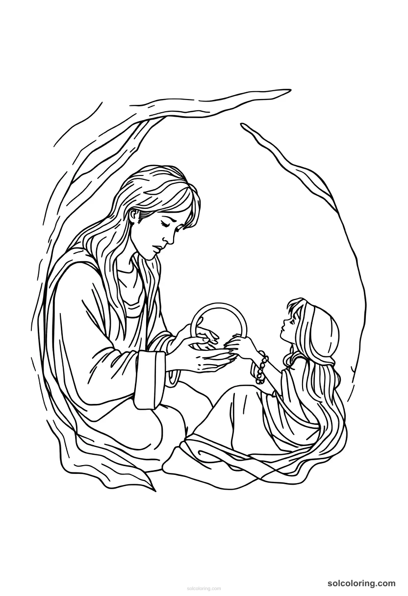 The magic ring being passed between the sleeping pair detailed coloring page for kids