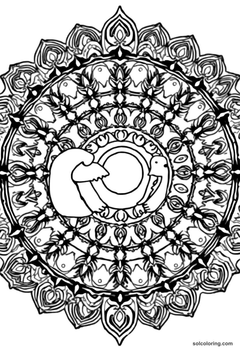 Mandala The magic ring being passed between the sleeping pair coloring page, free printable mandala style