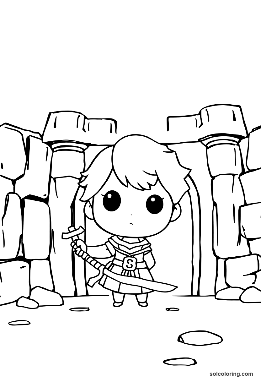 Chibi The magic sword in the stone palace coloring page, free printable chibi style