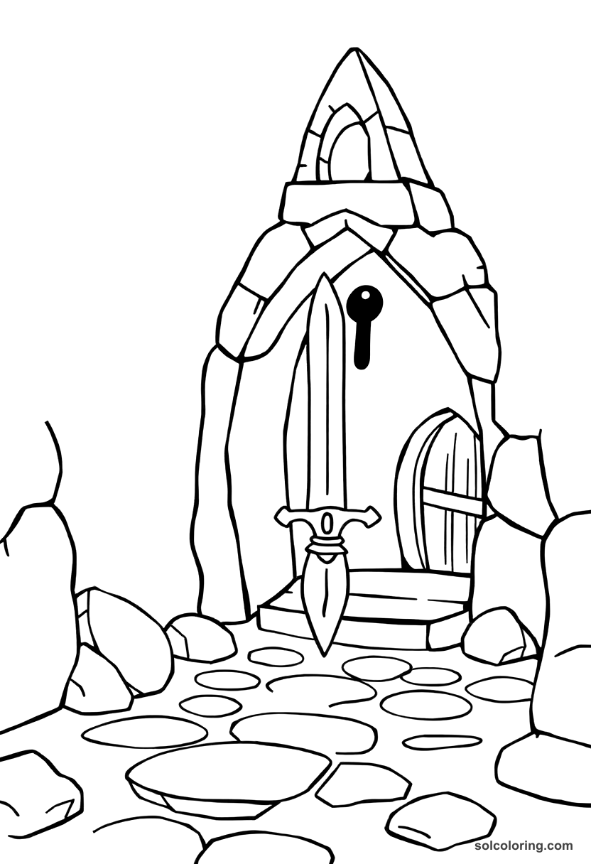 Cute Cartoon The magic sword in the stone palace coloring page, free printable cute cartoon style