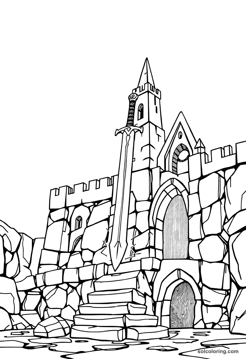 The magic sword in the stone palace coloring page, free printable detailed style