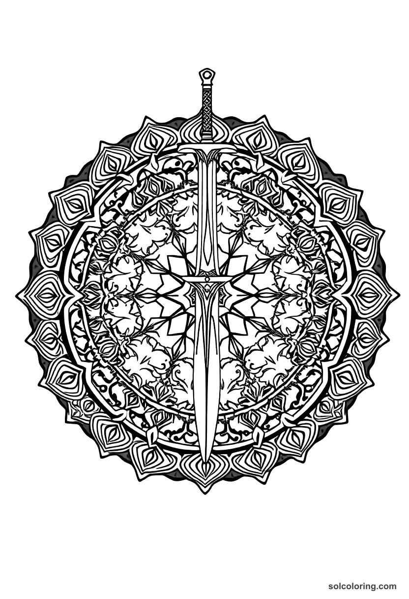 Mandala The magic sword in the stone palace coloring page, free printable mandala style