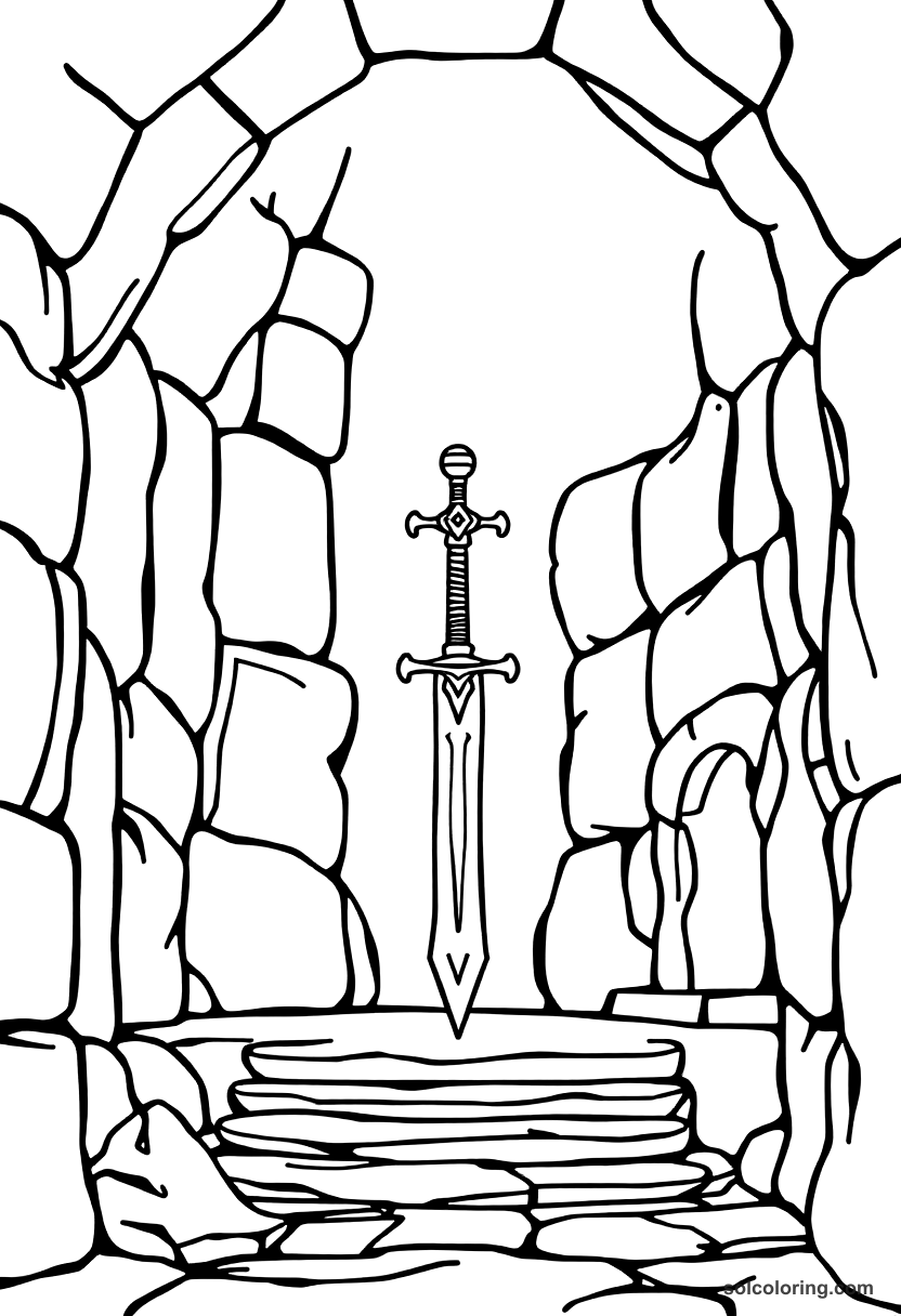 Simple The magic sword in the stone palace coloring page, free printable simple style