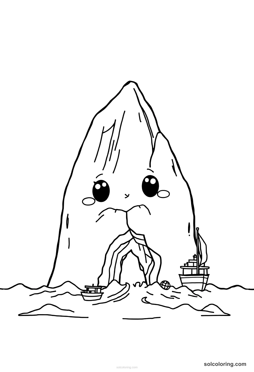 Chibi The magnetic mountain pulling ships apart chibi coloring page for kids