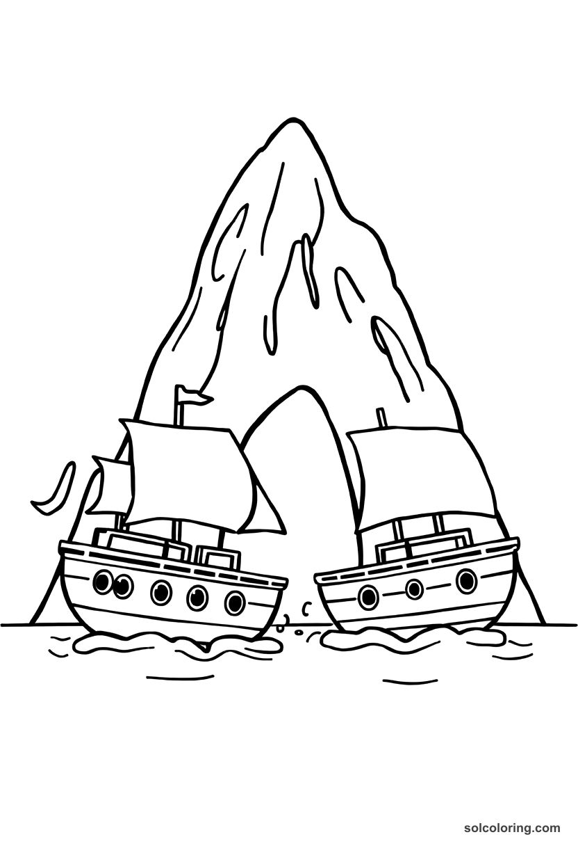 Cute Cartoon The magnetic mountain pulling ships apart coloring page, free printable cute cartoon style