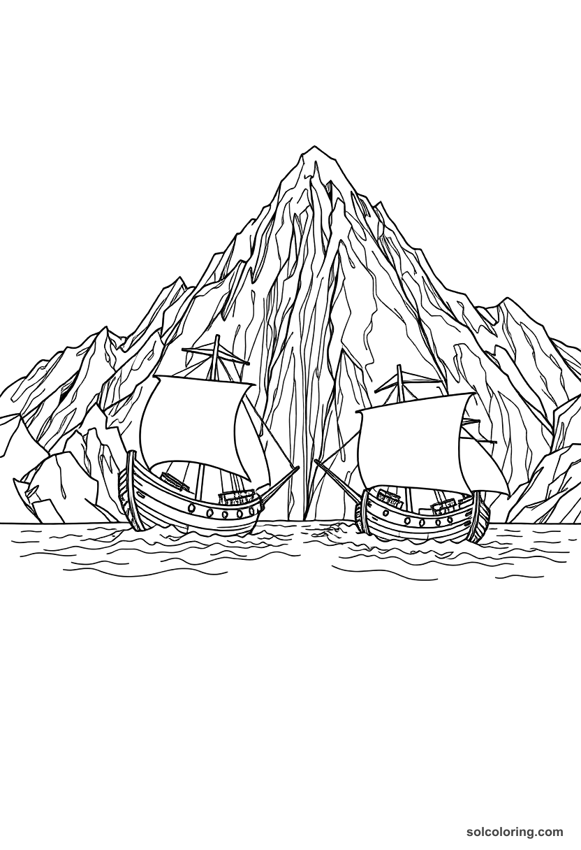 The magnetic mountain pulling ships apart coloring page, free printable detailed style