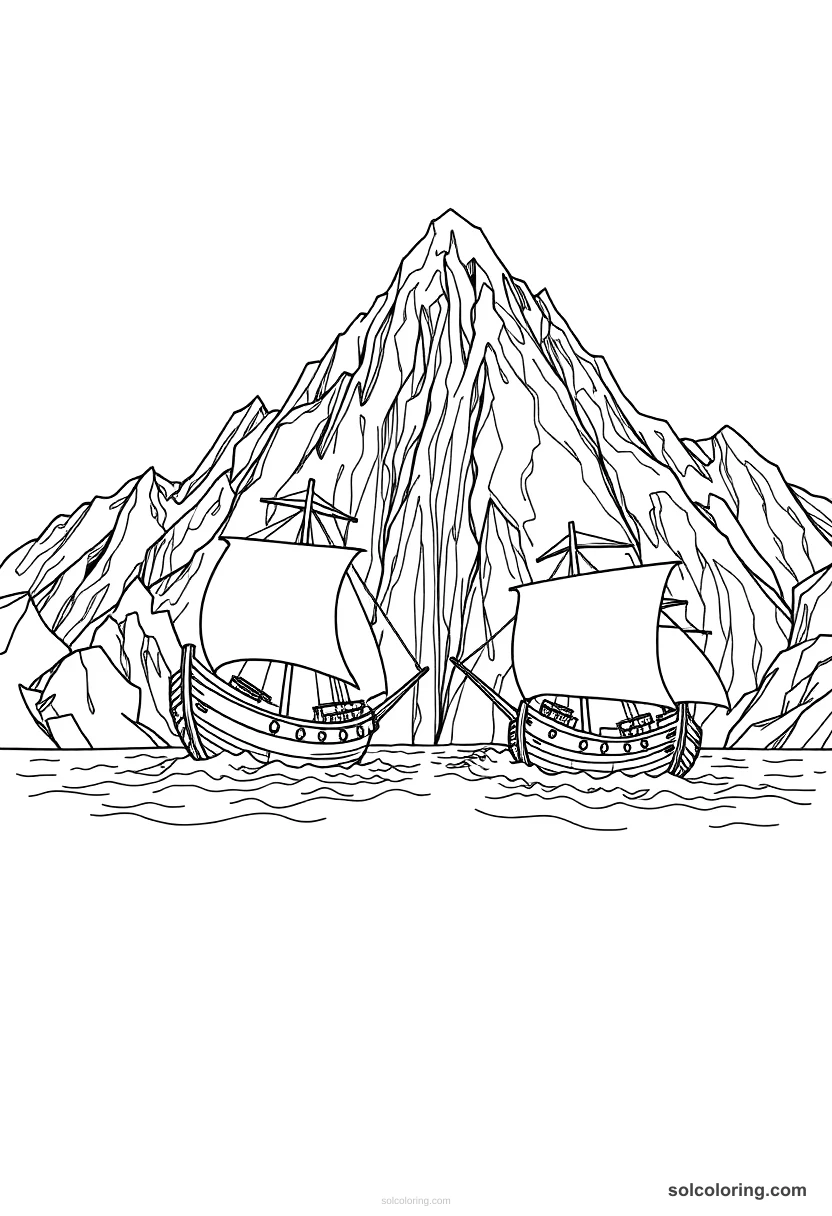 The magnetic mountain pulling ships apart detailed coloring page for kids