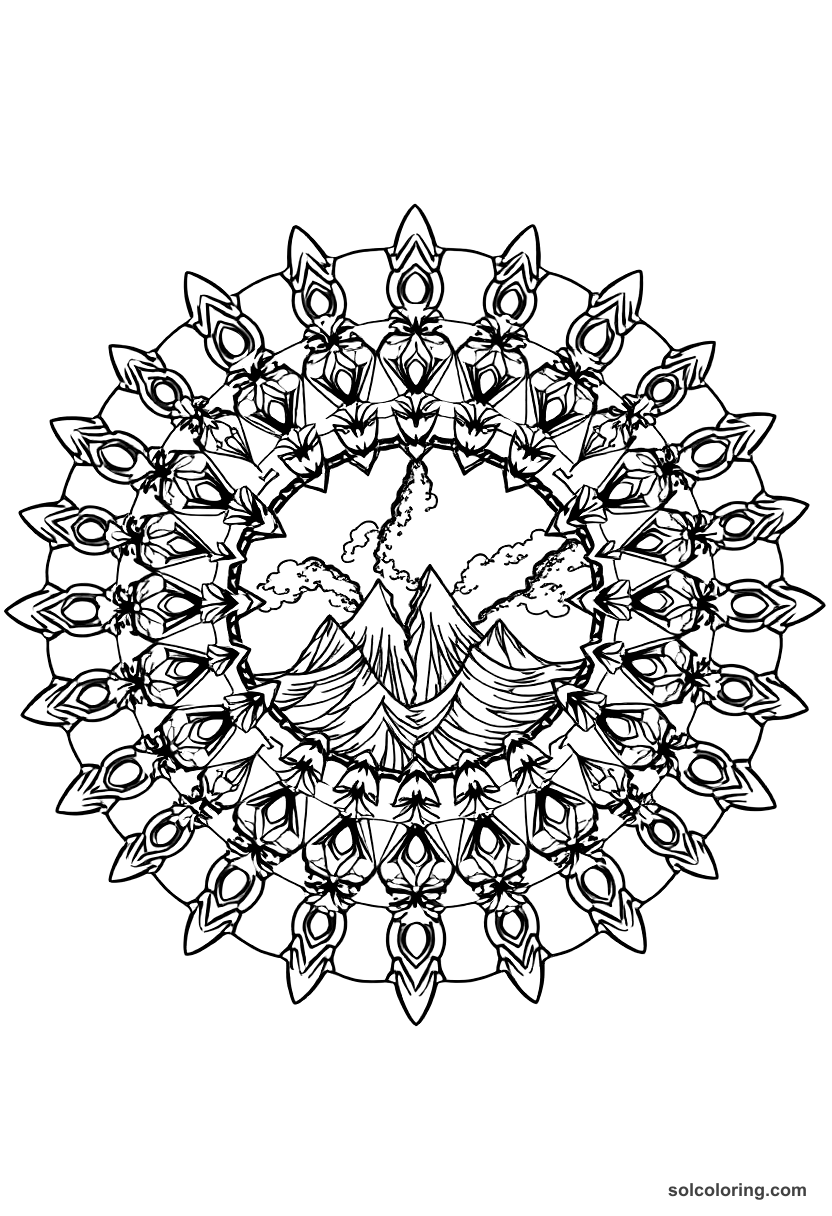 Mandala The magnetic mountain pulling ships apart coloring page, free printable mandala style