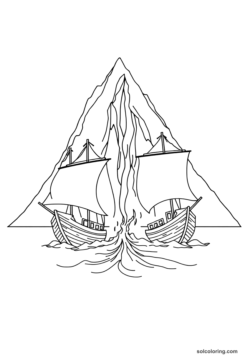 Simple The magnetic mountain pulling ships apart coloring page, free printable simple style