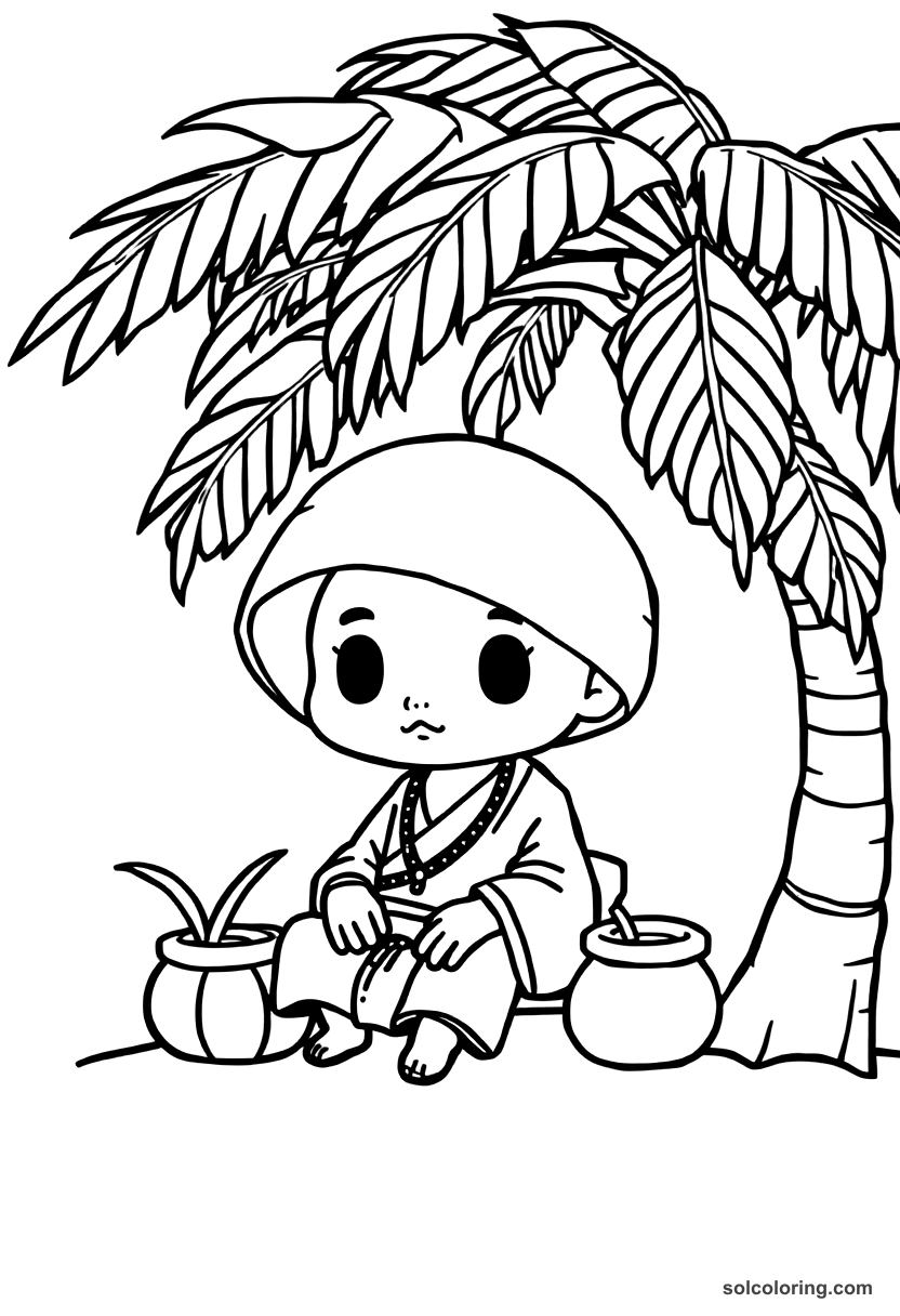 Chibi The merchant resting under a palm tree coloring page, free printable chibi style