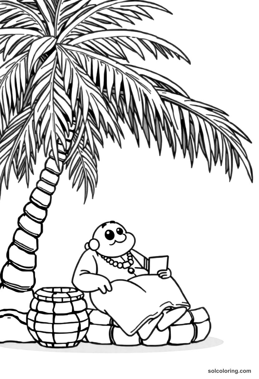Cute Cartoon The merchant resting under a palm tree coloring page, free printable cute cartoon style
