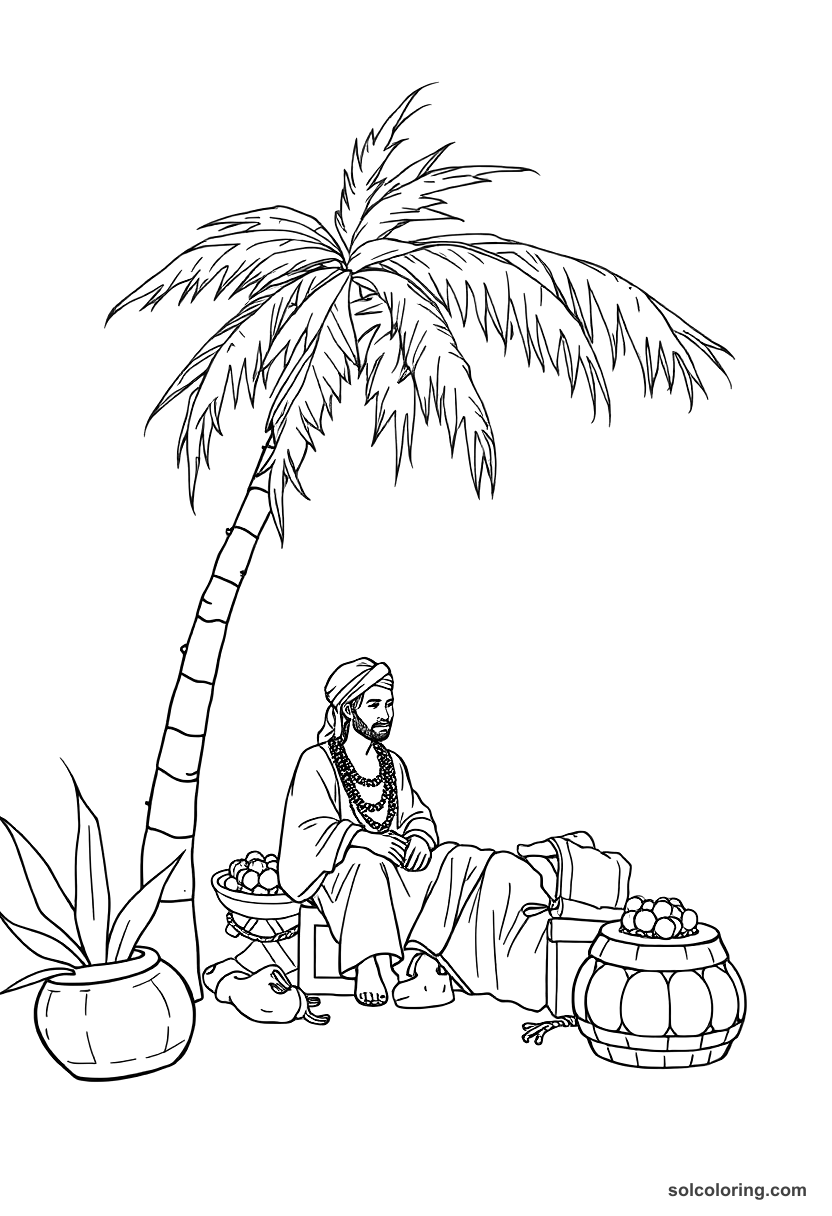 The merchant resting under a palm tree coloring page, free printable detailed style