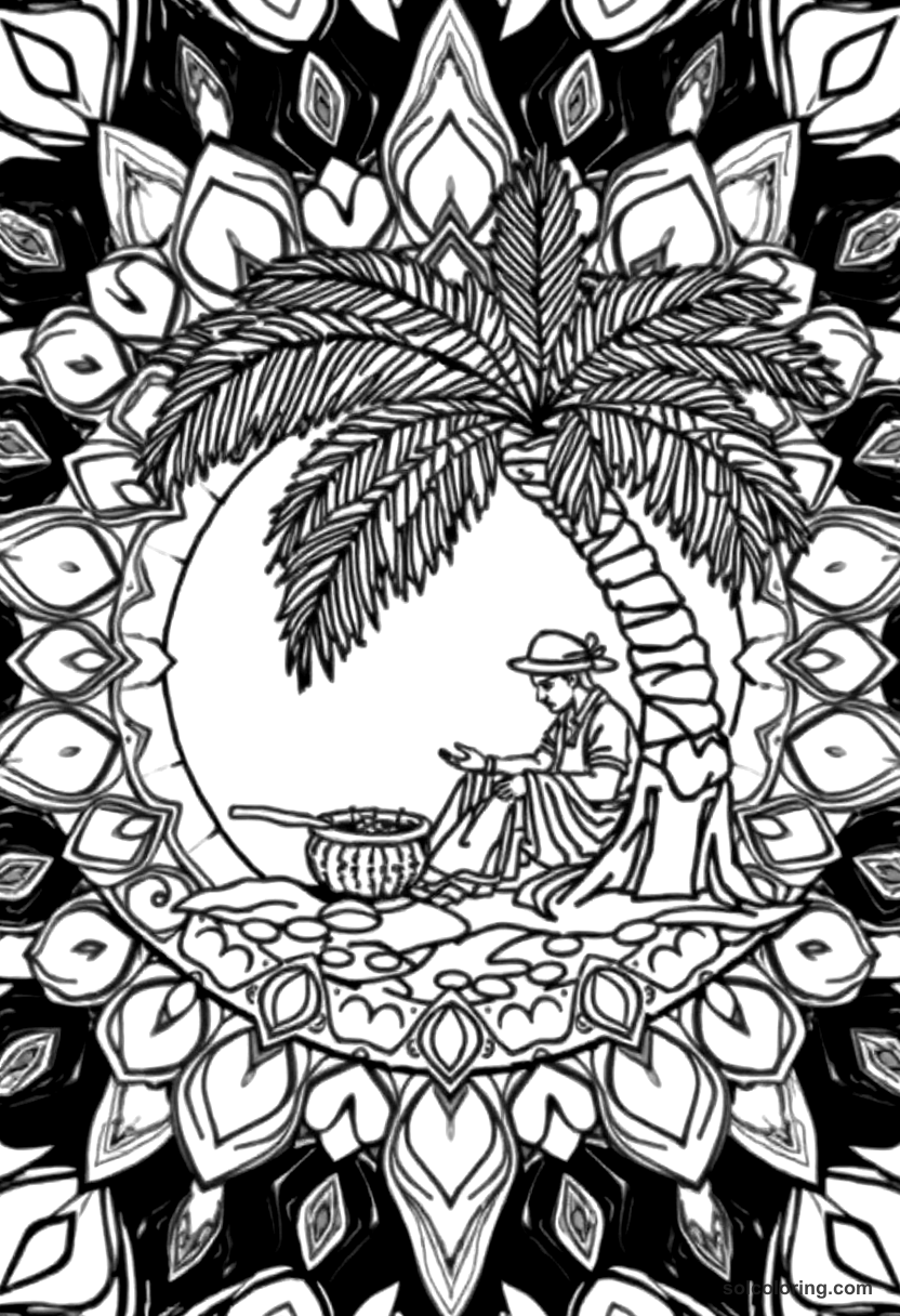 Mandala The merchant resting under a palm tree coloring page, free printable mandala style