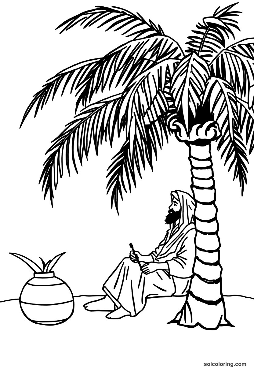 Simple The merchant resting under a palm tree coloring page, free printable simple style
