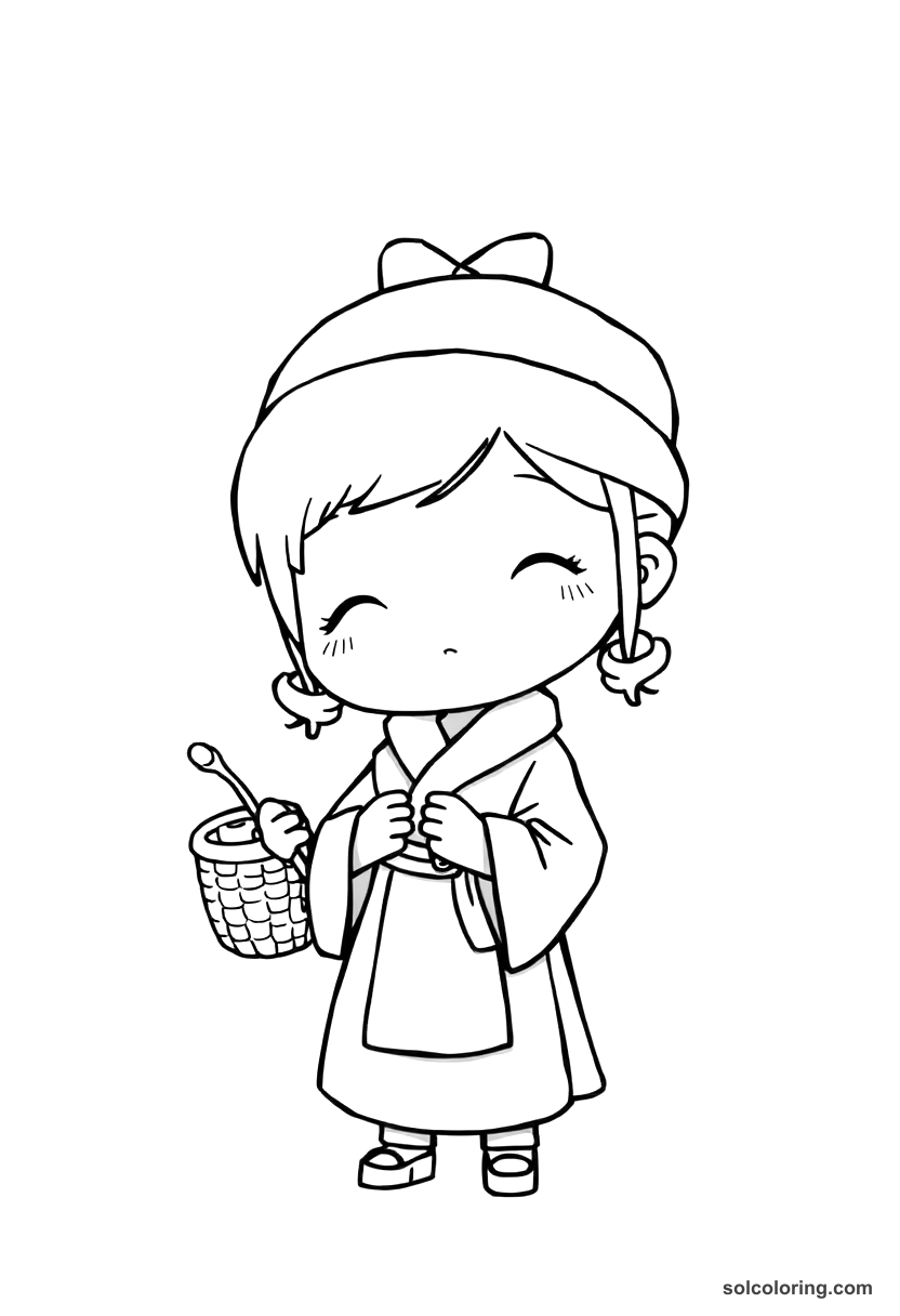 Chibi The merchant's clever daughter solving the riddle coloring page, free printable chibi style