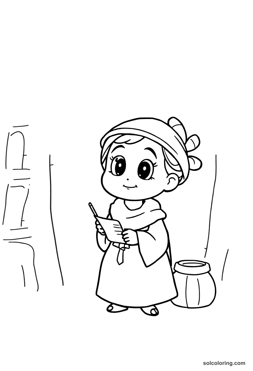 Cute Cartoon The merchant's clever daughter solving the riddle coloring page, free printable cute cartoon style