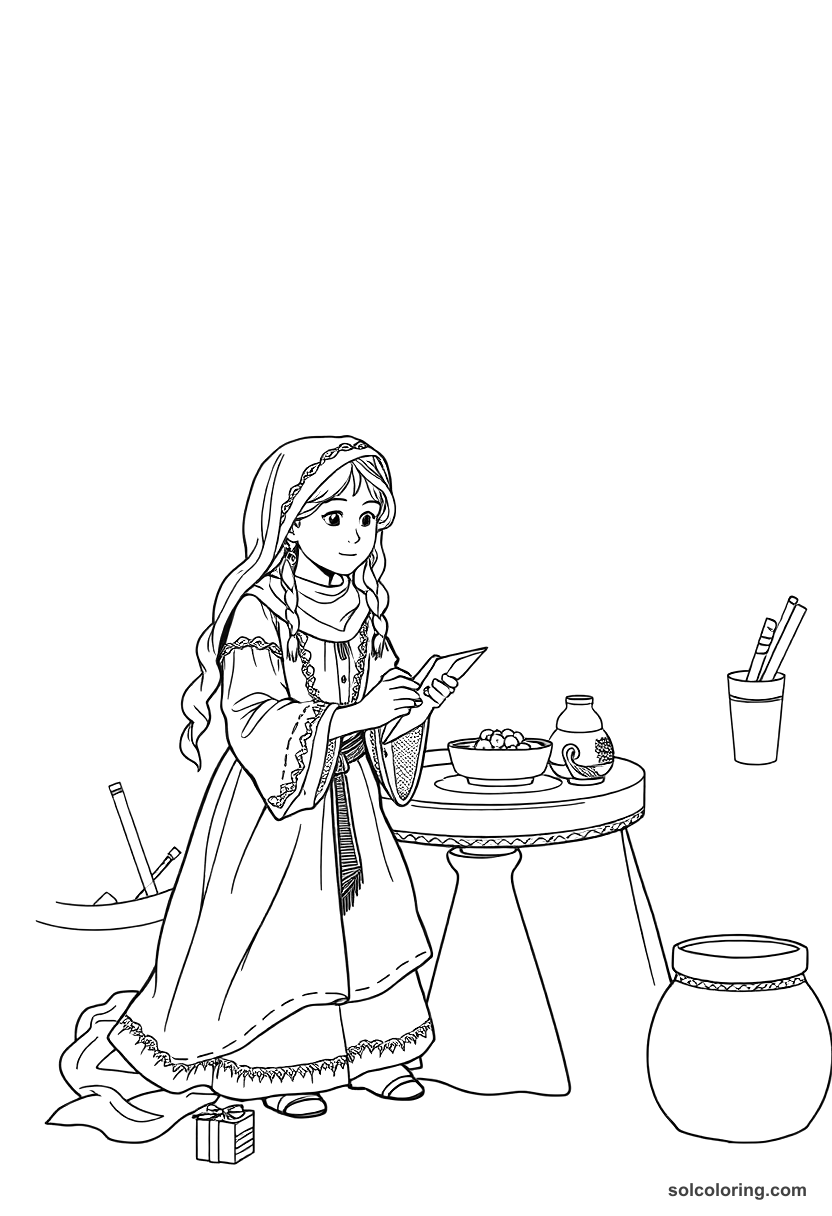 The merchant's clever daughter solving the riddle coloring page, free printable detailed style
