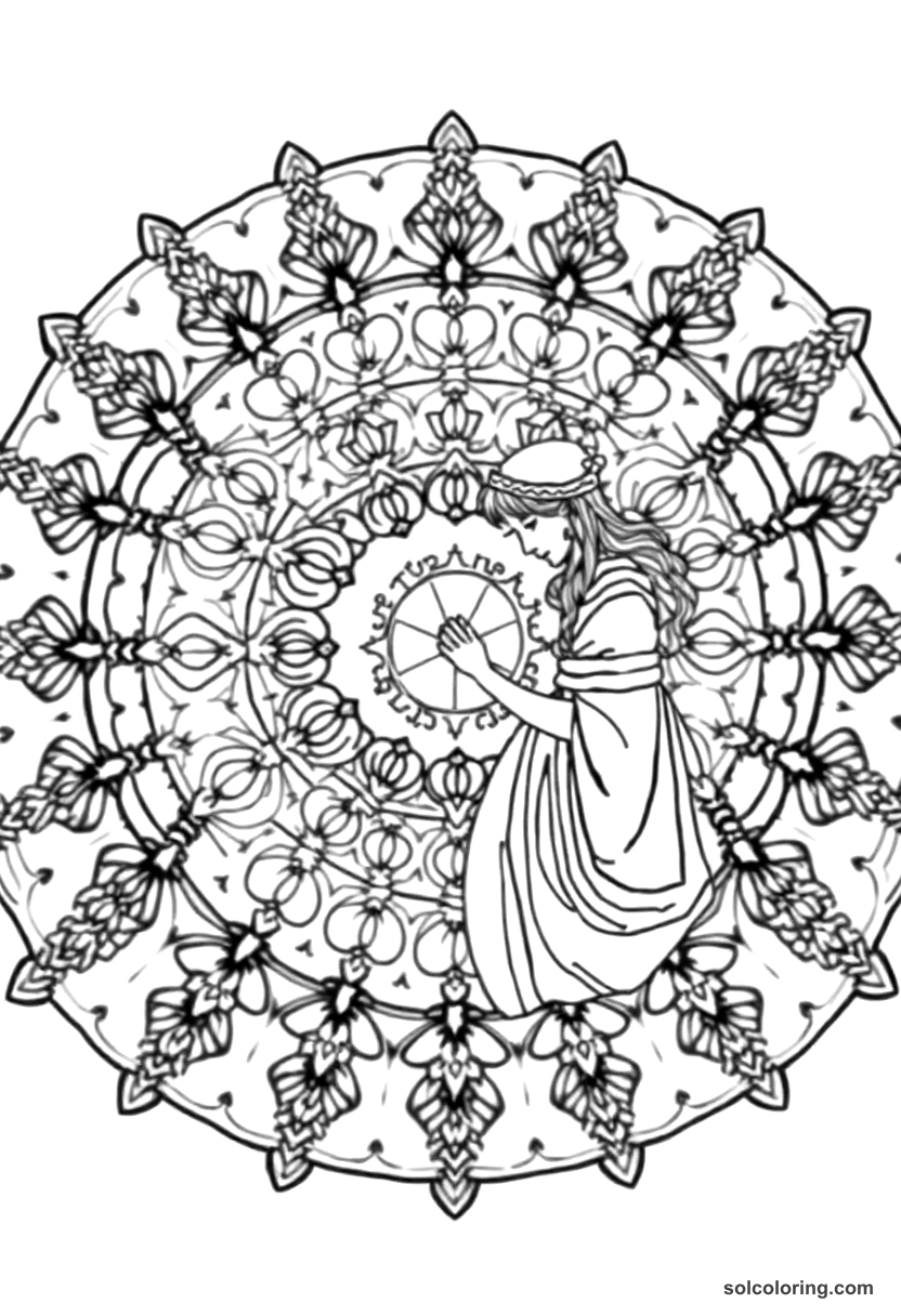 Mandala The merchant's clever daughter solving the riddle coloring page, free printable mandala style
