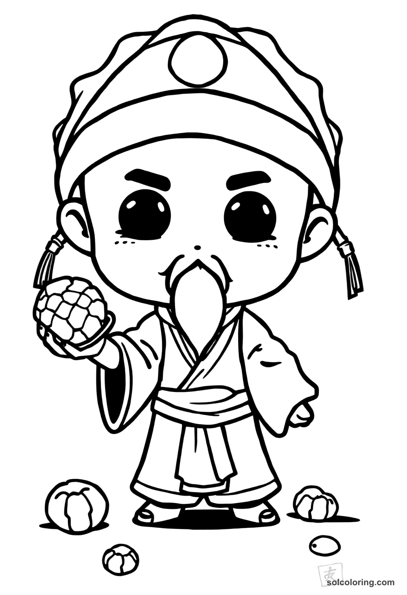 Chibi The merchant throwing date pits and killing a djinn's son coloring page, free printable chibi style