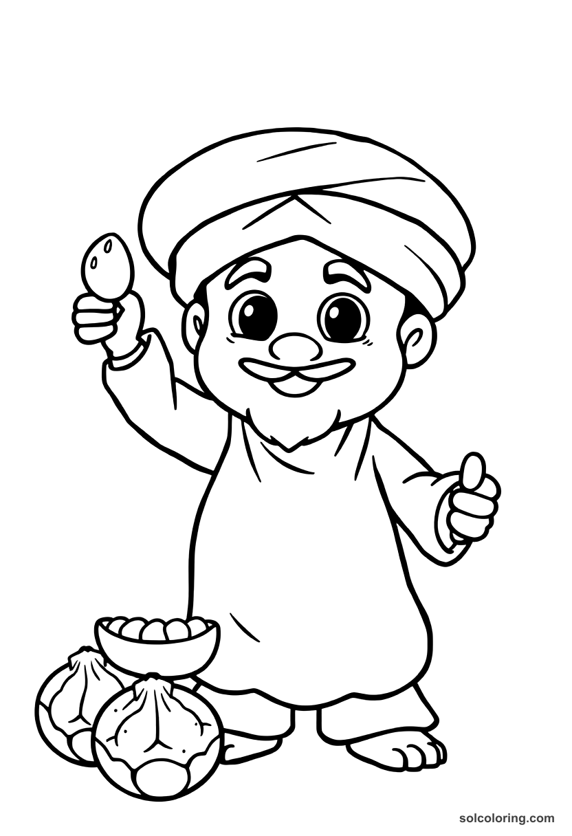 Cute Cartoon The merchant throwing date pits and killing a djinn's son coloring page, free printable cute cartoon style