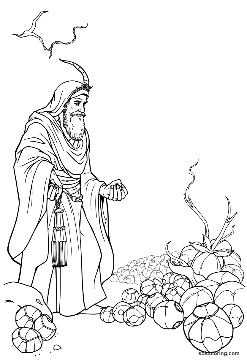 The merchant throwing date pits and killing a djinn's son coloring page, free printable detailed style