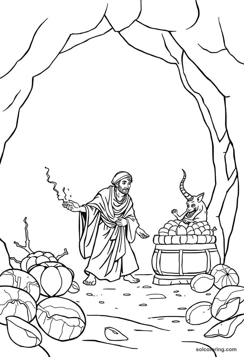 Simple The merchant throwing date pits and killing a djinn's son coloring page, free printable simple style