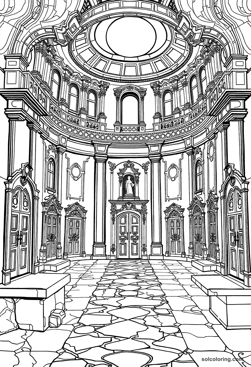 The mysterious palace with forty locked doors coloring page, free printable detailed style
