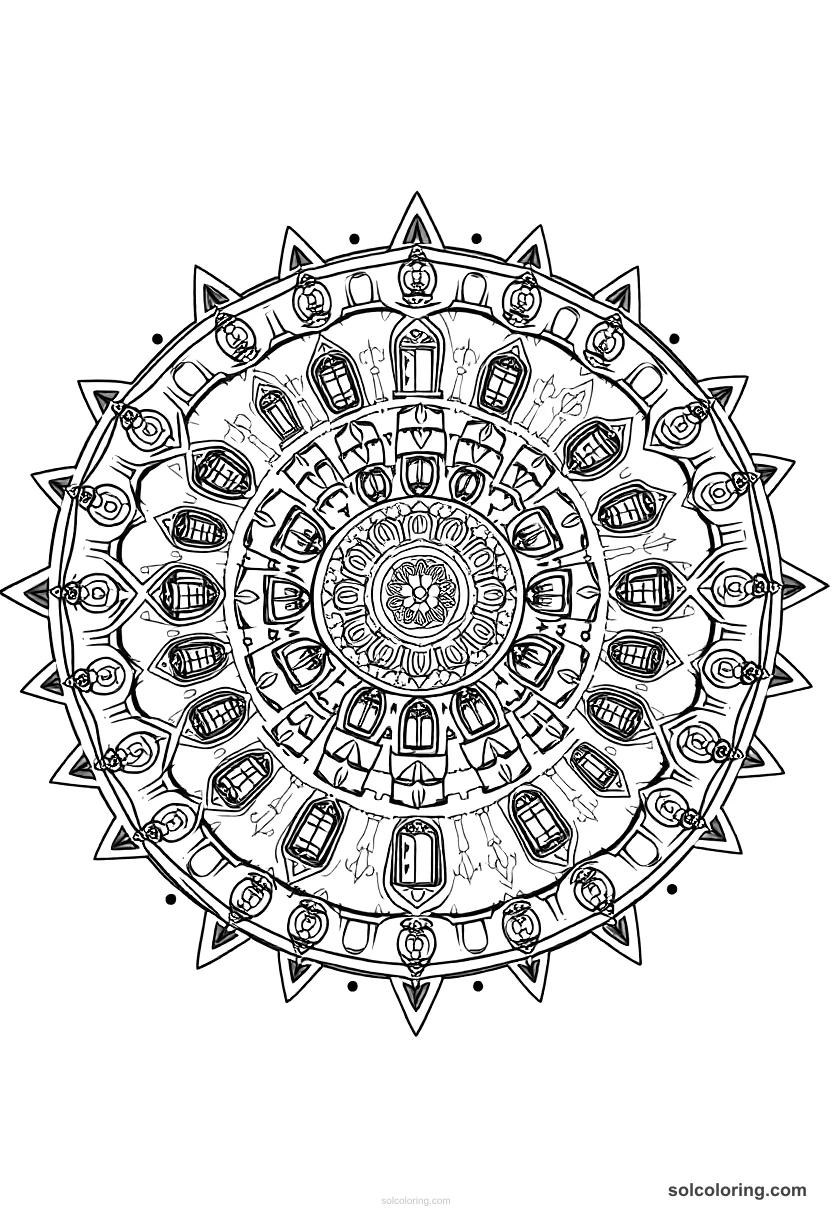 Mandala The mysterious palace with forty locked doors mandala coloring page for kids