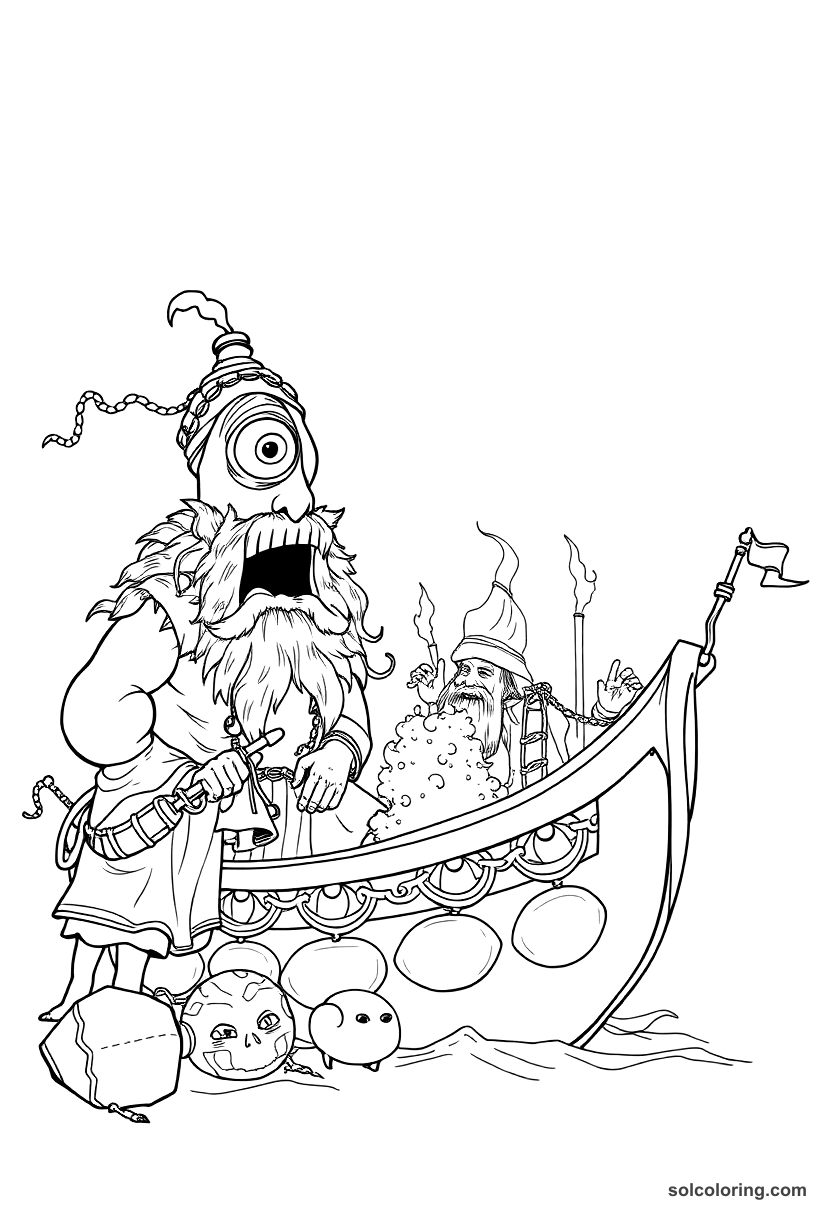 The one-eyed giant roasting Sinbad's crew coloring page, free printable detailed style