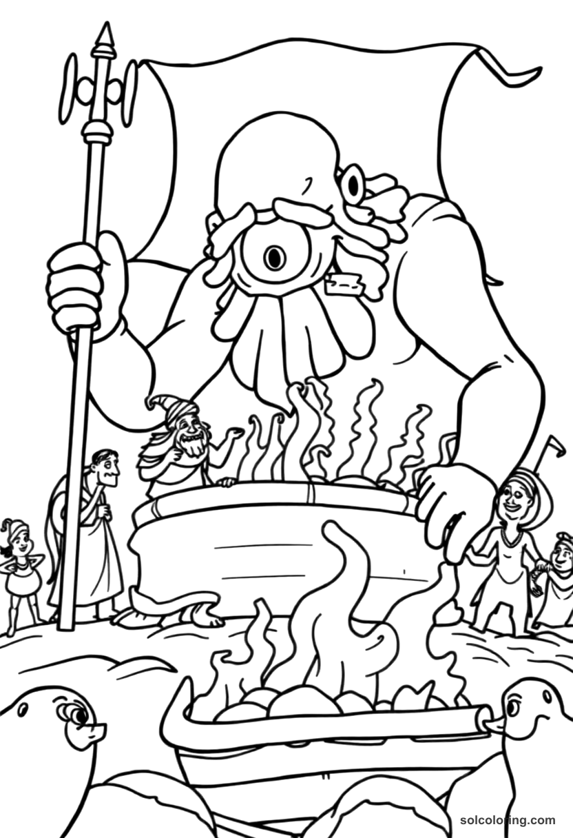 Simple The one-eyed giant roasting Sinbad's crew coloring page, free printable simple style