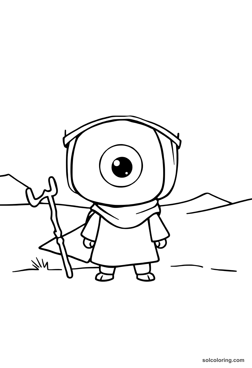 Chibi The one-eyed Qalandar wandering the desert coloring page, free printable chibi style