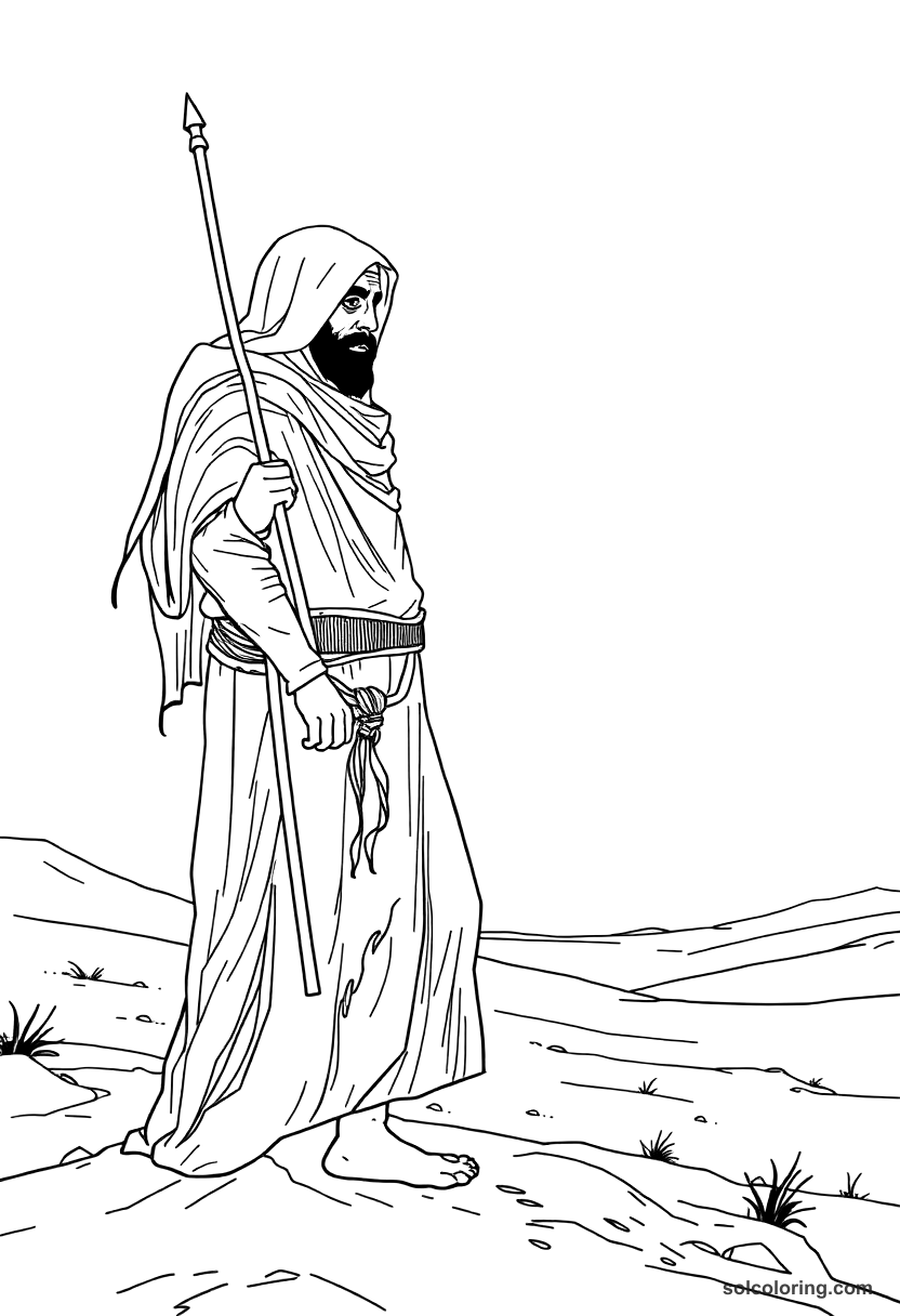 The one-eyed Qalandar wandering the desert coloring page, free printable detailed style