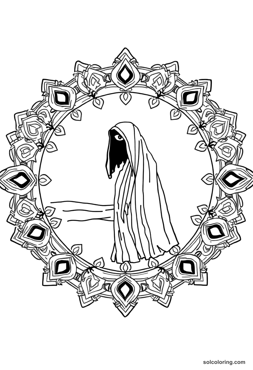 Mandala The one-eyed Qalandar wandering the desert coloring page, free printable mandala style