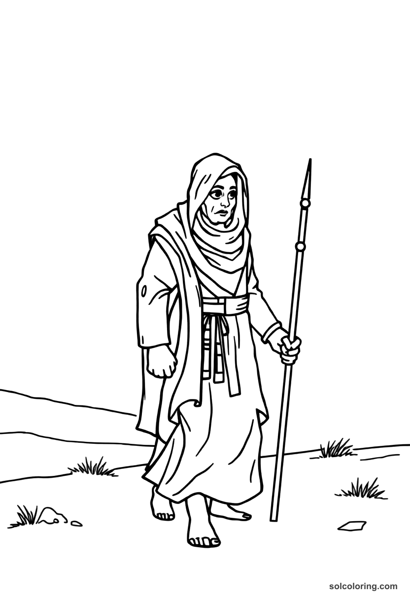 Simple The one-eyed Qalandar wandering the desert coloring page, free printable simple style