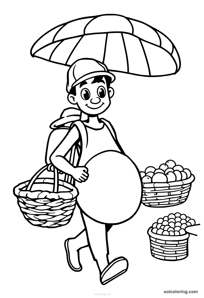 Cute Cartoon The porter carrying a basket through the market cute cartoon coloring page for kids