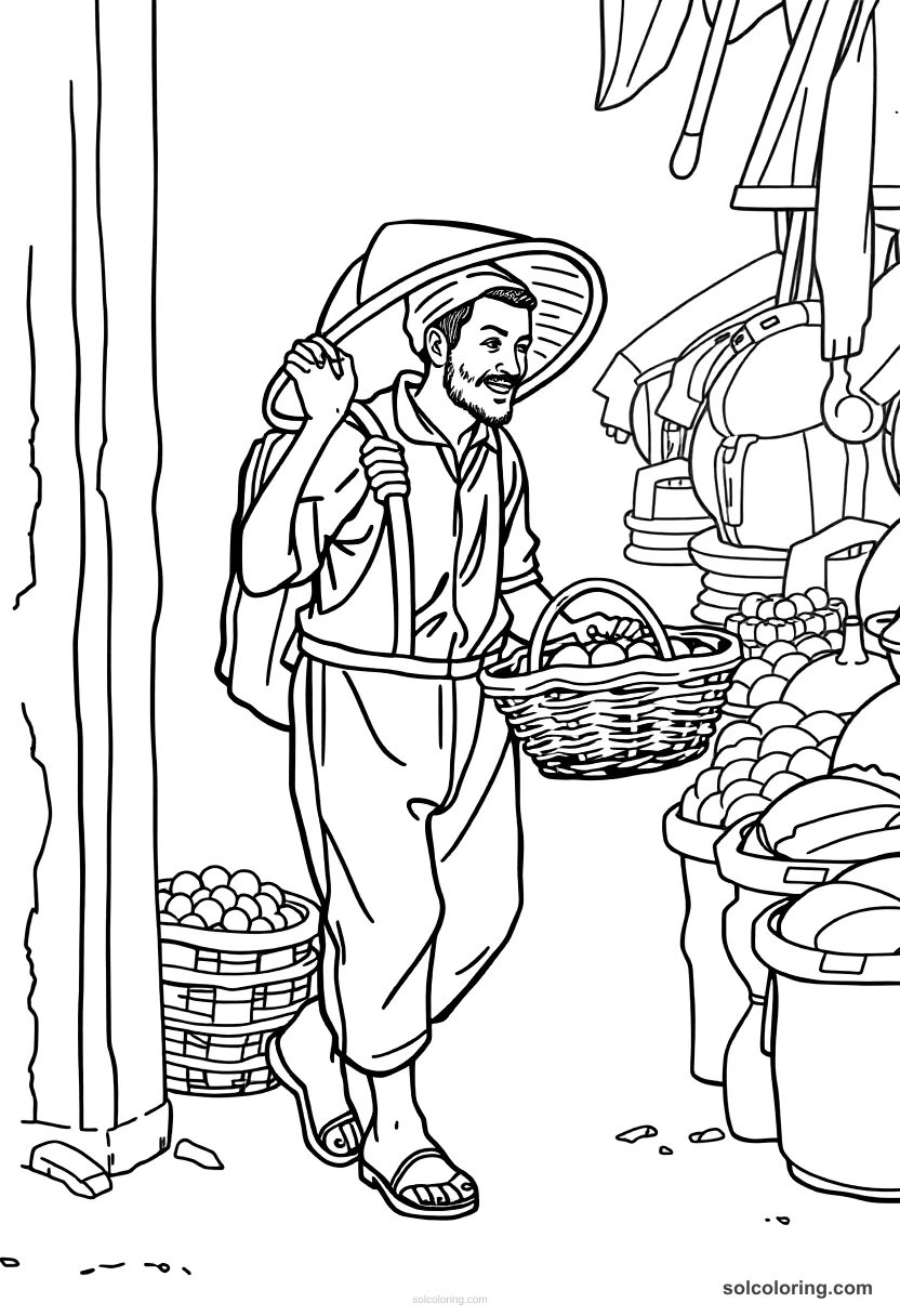 The porter carrying a basket through the market detailed coloring page for kids