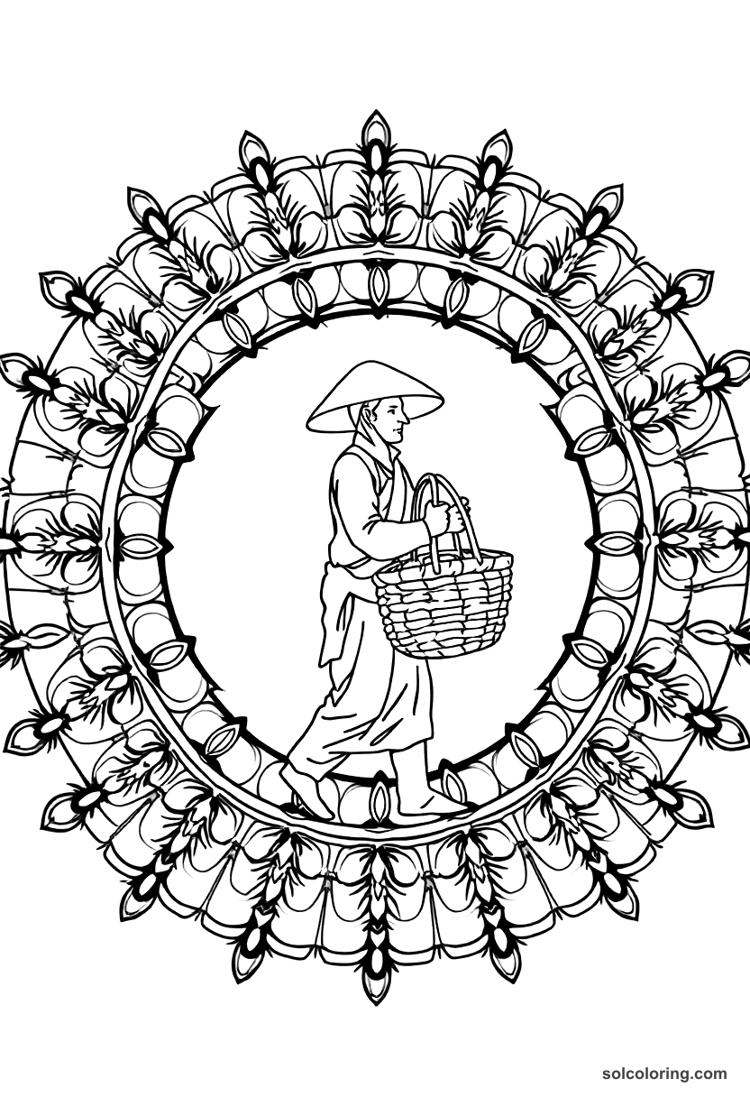 Mandala The porter carrying a basket through the market coloring page, free printable mandala style