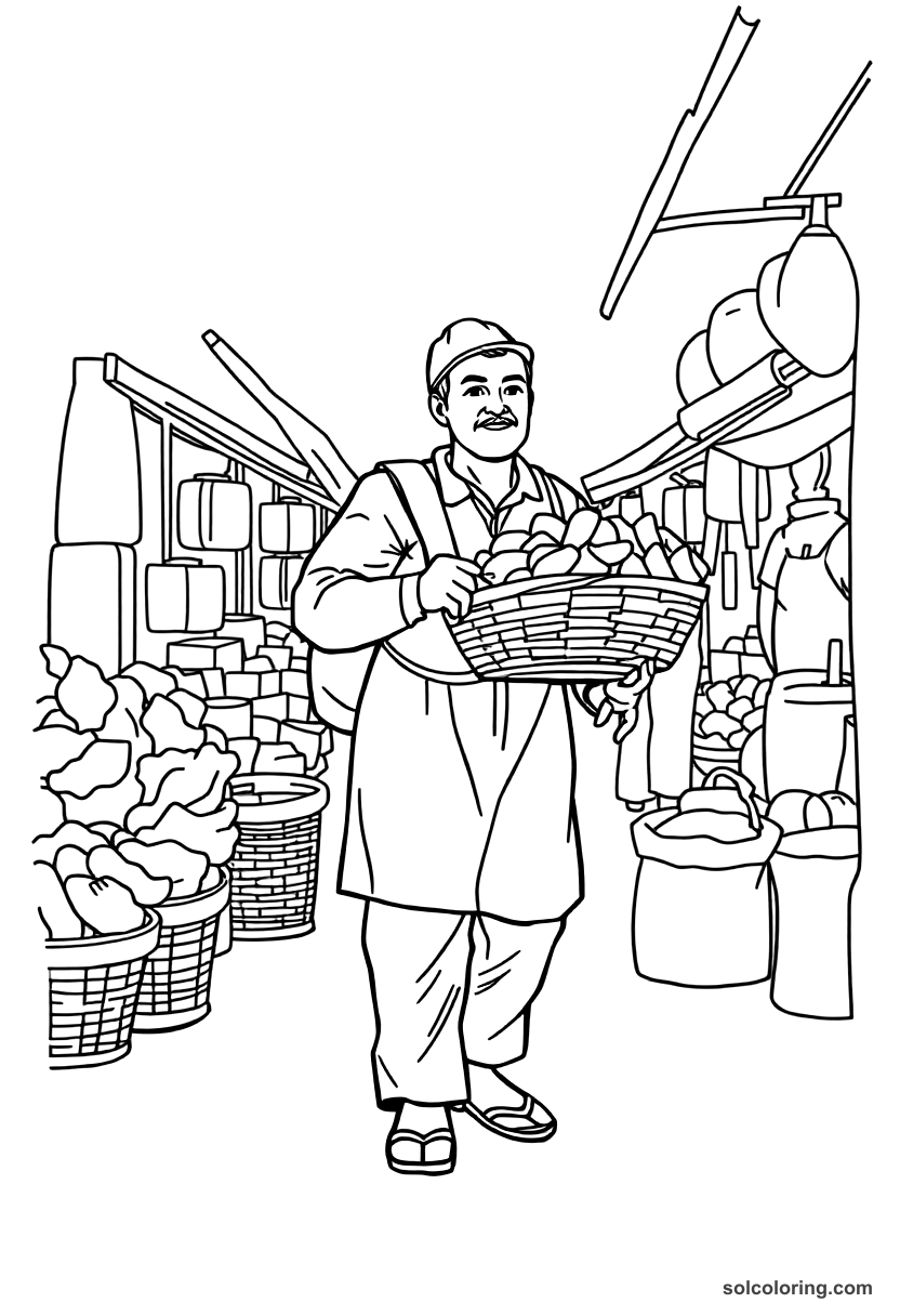 The Porter Carrying A Basket Through The Market coloring pages