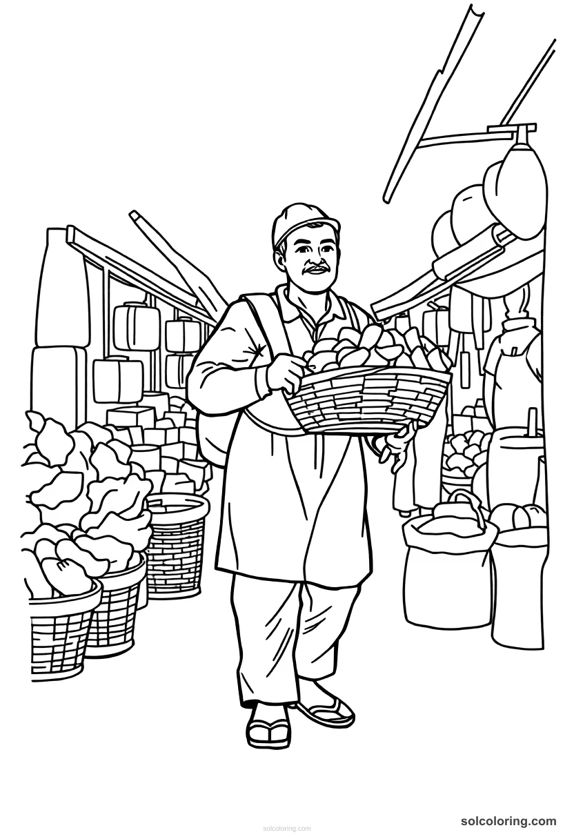 The Porter Carrying A Basket Through The Market coloring pages