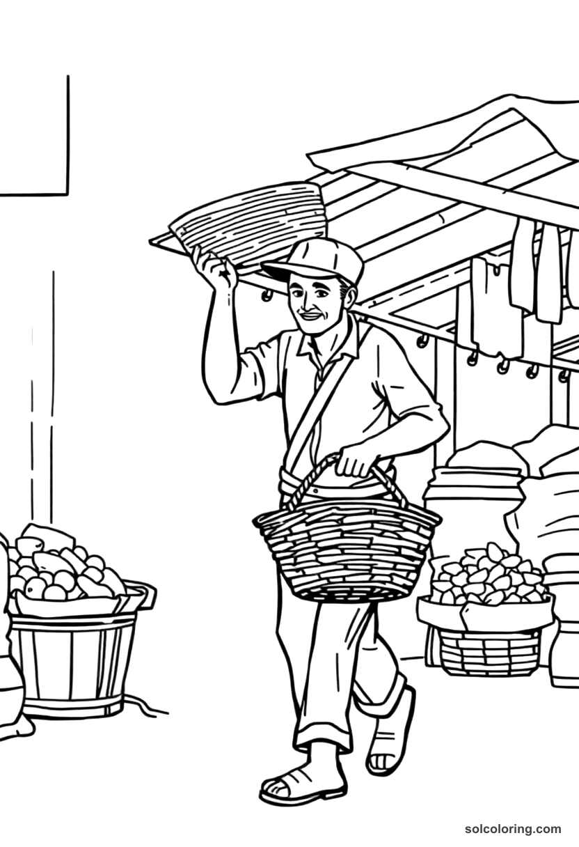Simple The porter carrying a basket through the market coloring page, free printable simple style