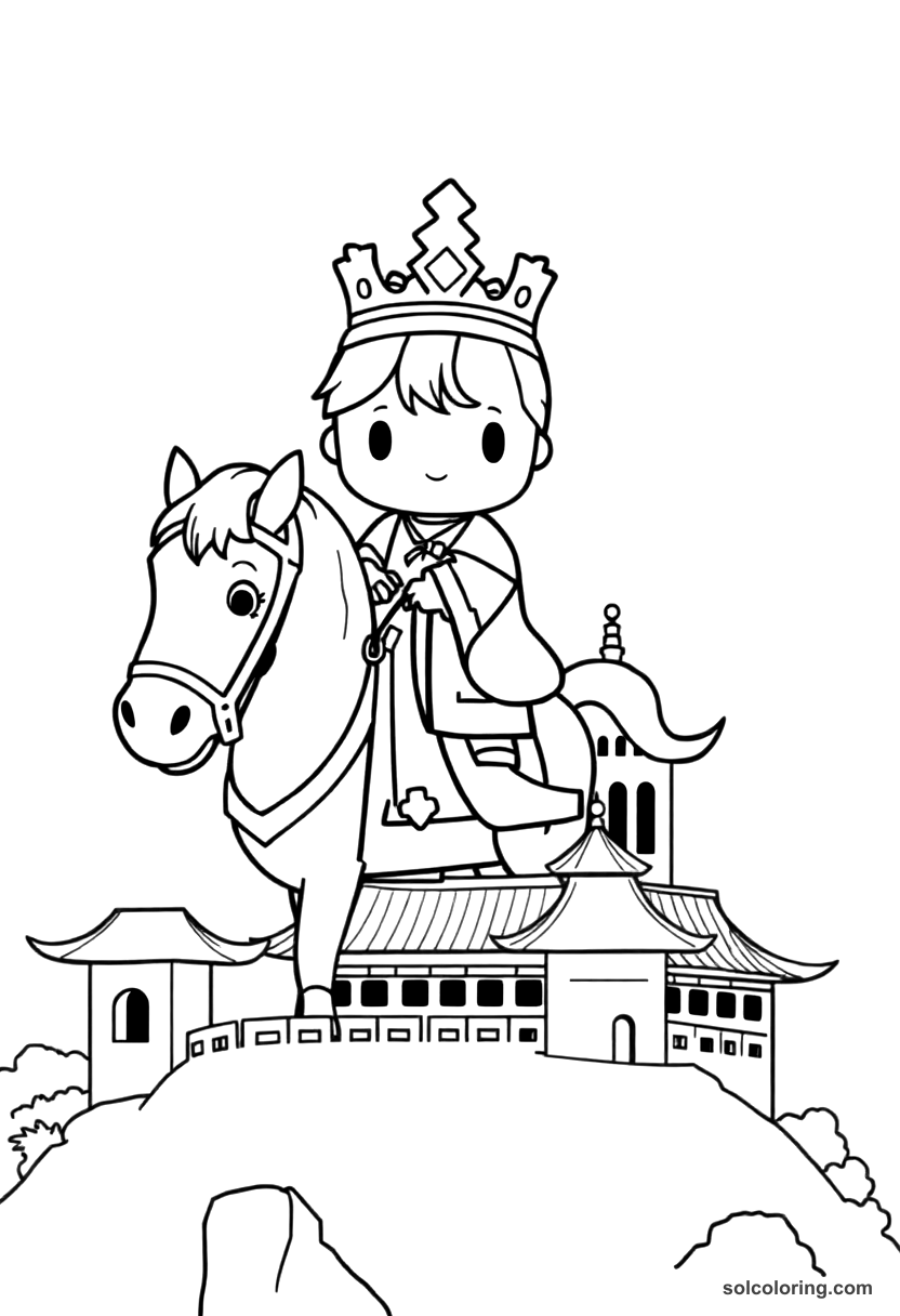 Chibi The prince on the ebony horse above the palace coloring page, free printable chibi style