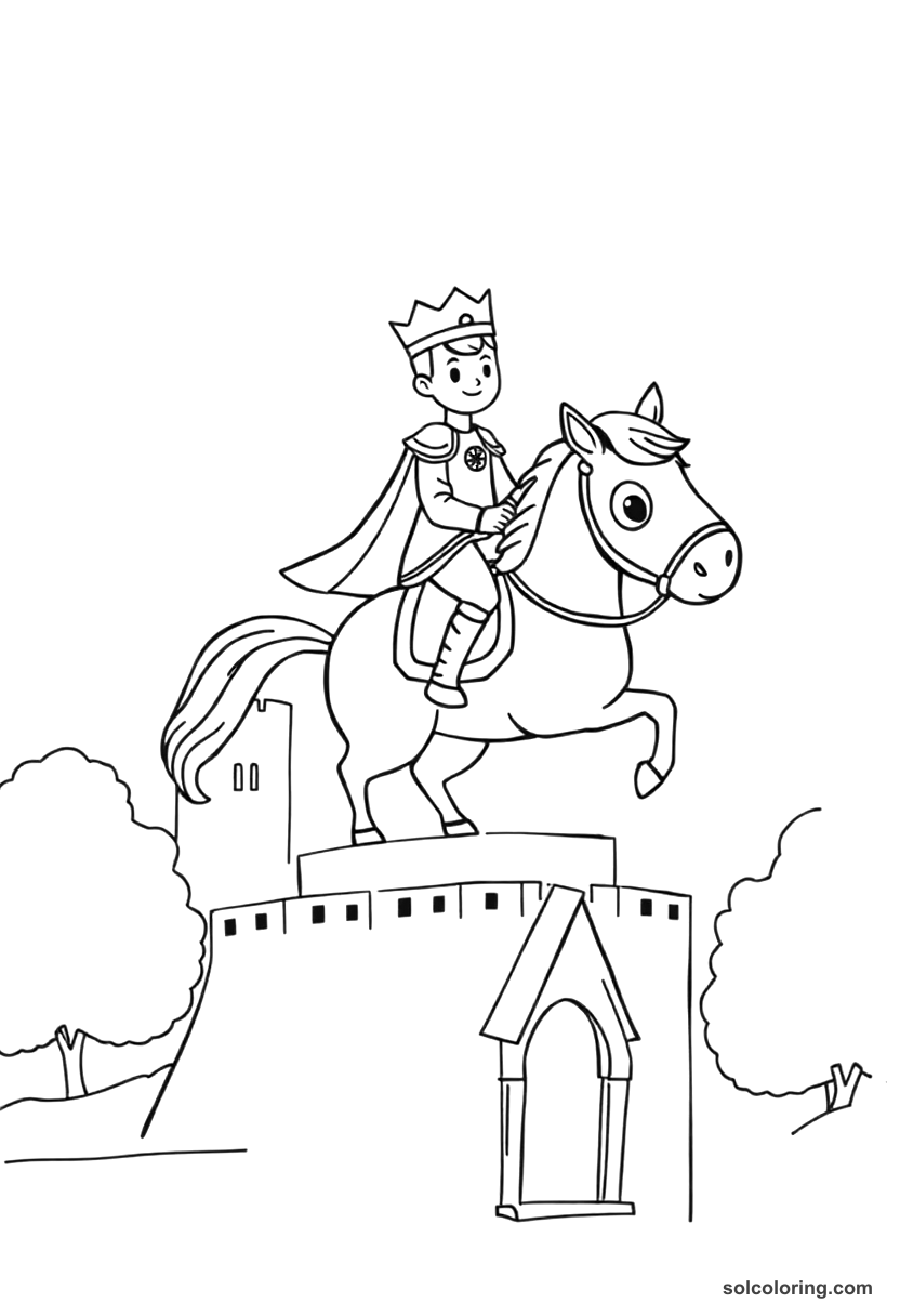 Cute Cartoon The prince on the ebony horse above the palace coloring page, free printable cute cartoon style