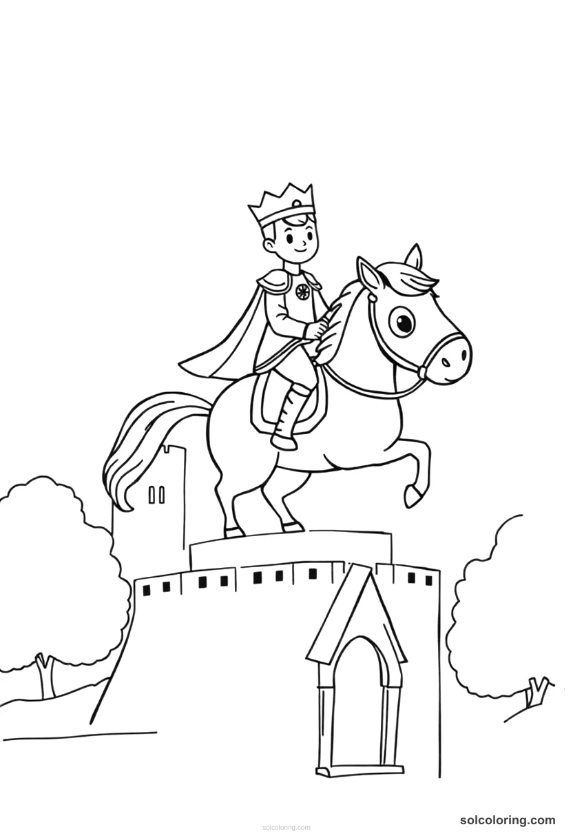 Cute Cartoon The prince on the ebony horse above the palace cute cartoon coloring page for kids